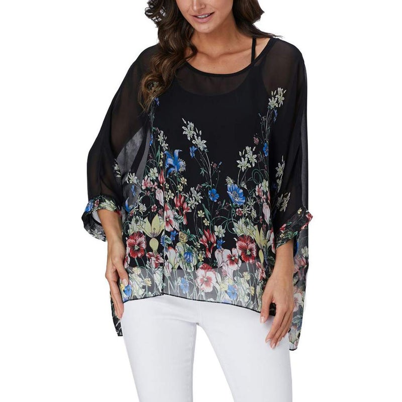 Ckikiou Plus Size Batwing Flowy Semi Sheer Chiffon Blouse Tunic for Women Summer Floral Print Boho Beach Cover ups - Image 5